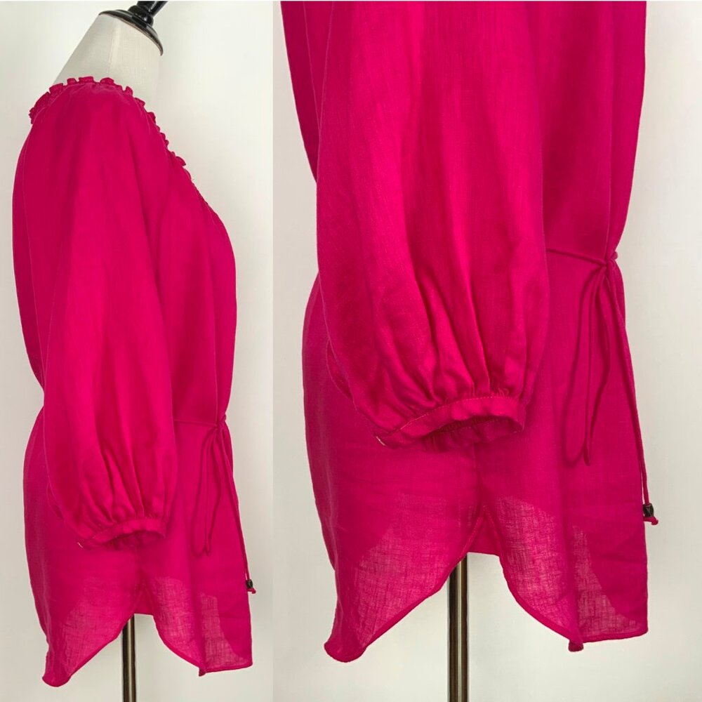 Lauren Ralph Lauren Fuschia Linen Peasant Embroidered Blouse Tie Waist Sz L - Picture 7 of 16